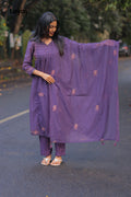 Purple Mul Chanderi Embroidered Kurta Pant Set with Dupatta