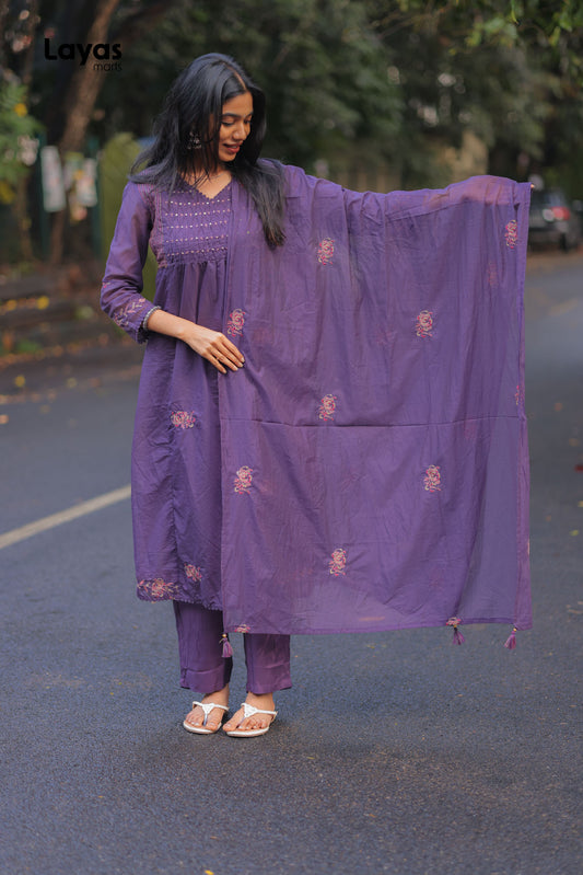 Purple Mul Chanderi Embroidered Kurta Pant Set with Dupatta