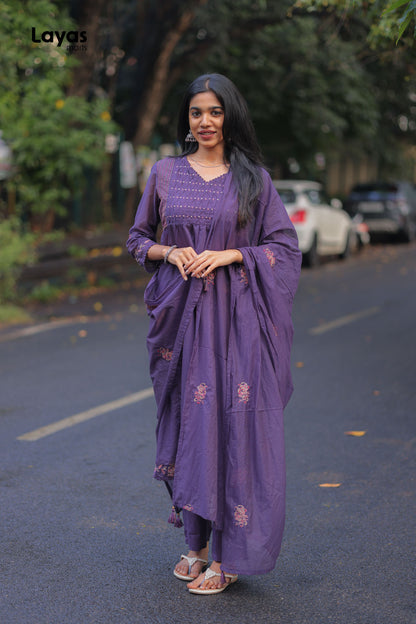 Purple Mul Chanderi Embroidered Kurta Pant Set with Dupatta