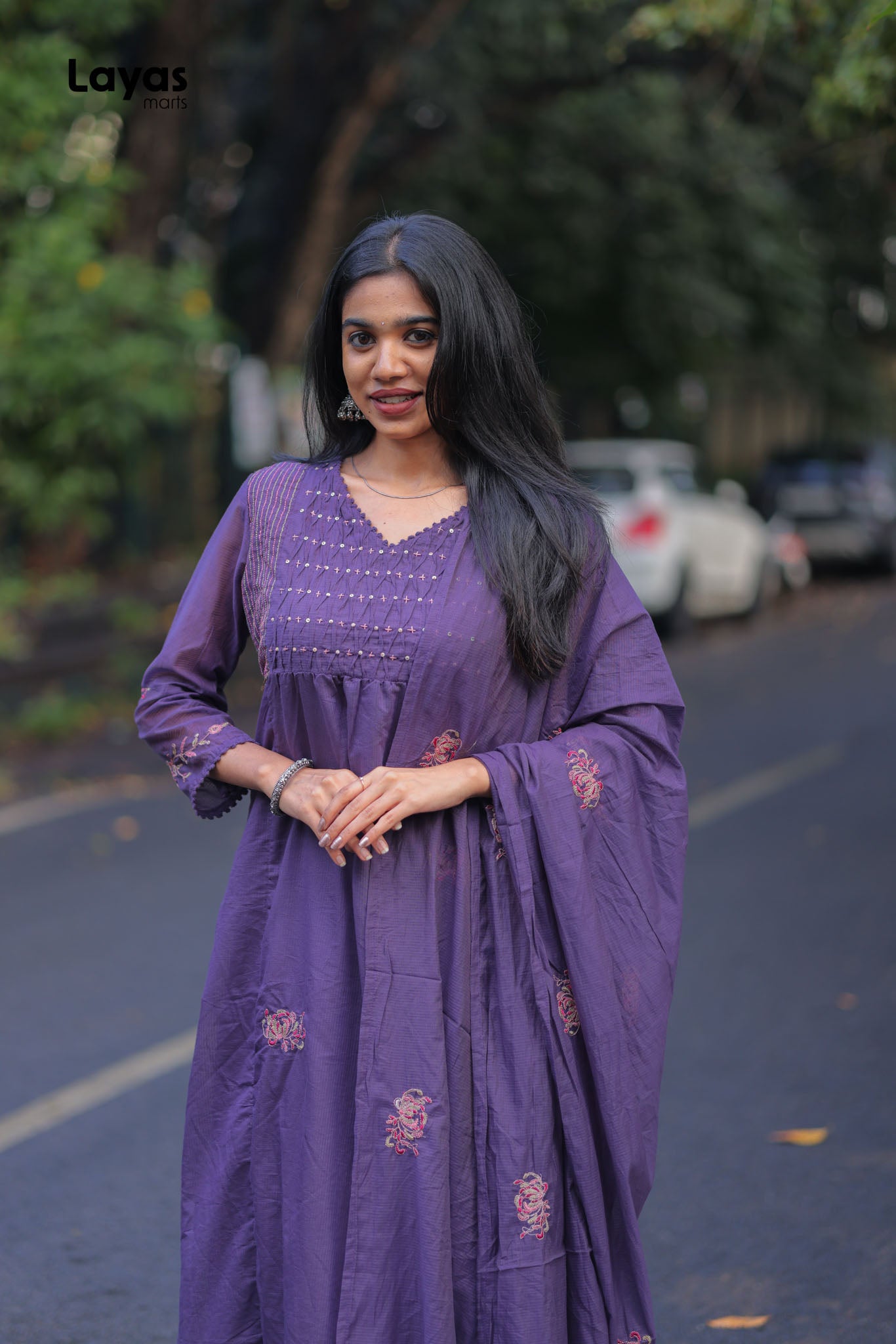 Purple Mul Chanderi Embroidered Kurta Pant Set with Dupatta