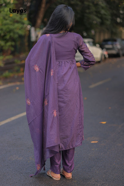 Purple Mul Chanderi Embroidered Kurta Pant Set with Dupatta