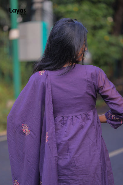 Purple Mul Chanderi Embroidered Kurta Pant Set with Dupatta