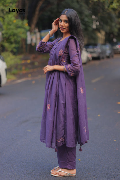 Purple Mul Chanderi Embroidered Kurta Pant Set with Dupatta