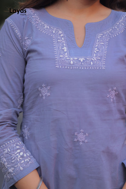 Grey Cotton Chikankari Top with White Embroidery