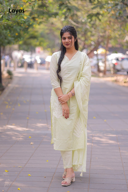 Lime Green Cotton Solid Kurta Pant Set with Dupatta