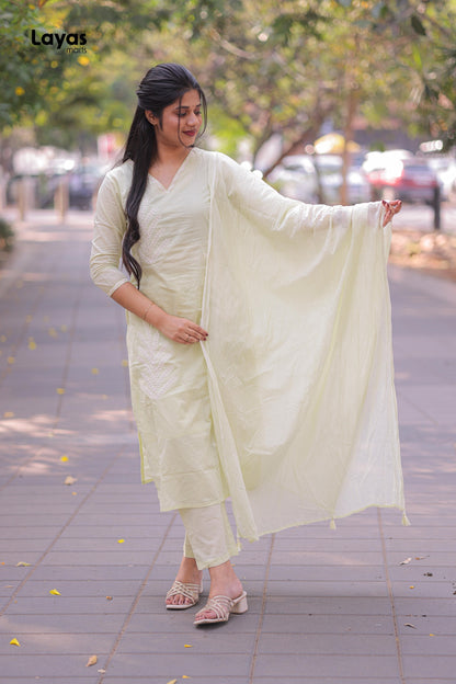 Lime Green Cotton Solid Kurta Pant Set with Dupatta