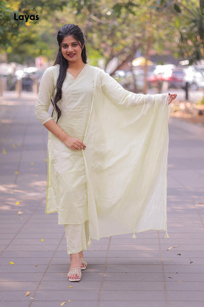 Lime Green Cotton Solid Kurta Pant Set with Dupatta