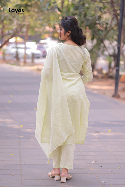 Lime Green Cotton Solid Kurta Pant Set with Dupatta