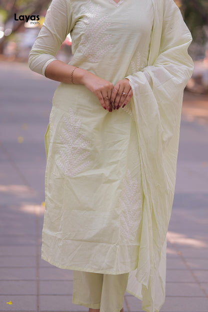 Lime Green Cotton Solid Kurta Pant Set with Dupatta