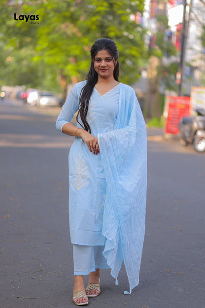 Sky Blue Cotton Solid Kurta Pant Set with Dupatta
