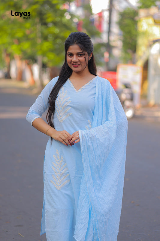 Sky Blue Cotton Solid Kurta Pant Set with Dupatta