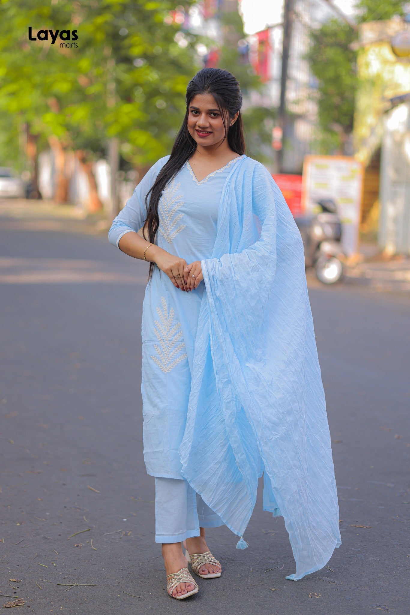 Sky Blue Cotton Solid Kurta Pant Set with Dupatta
