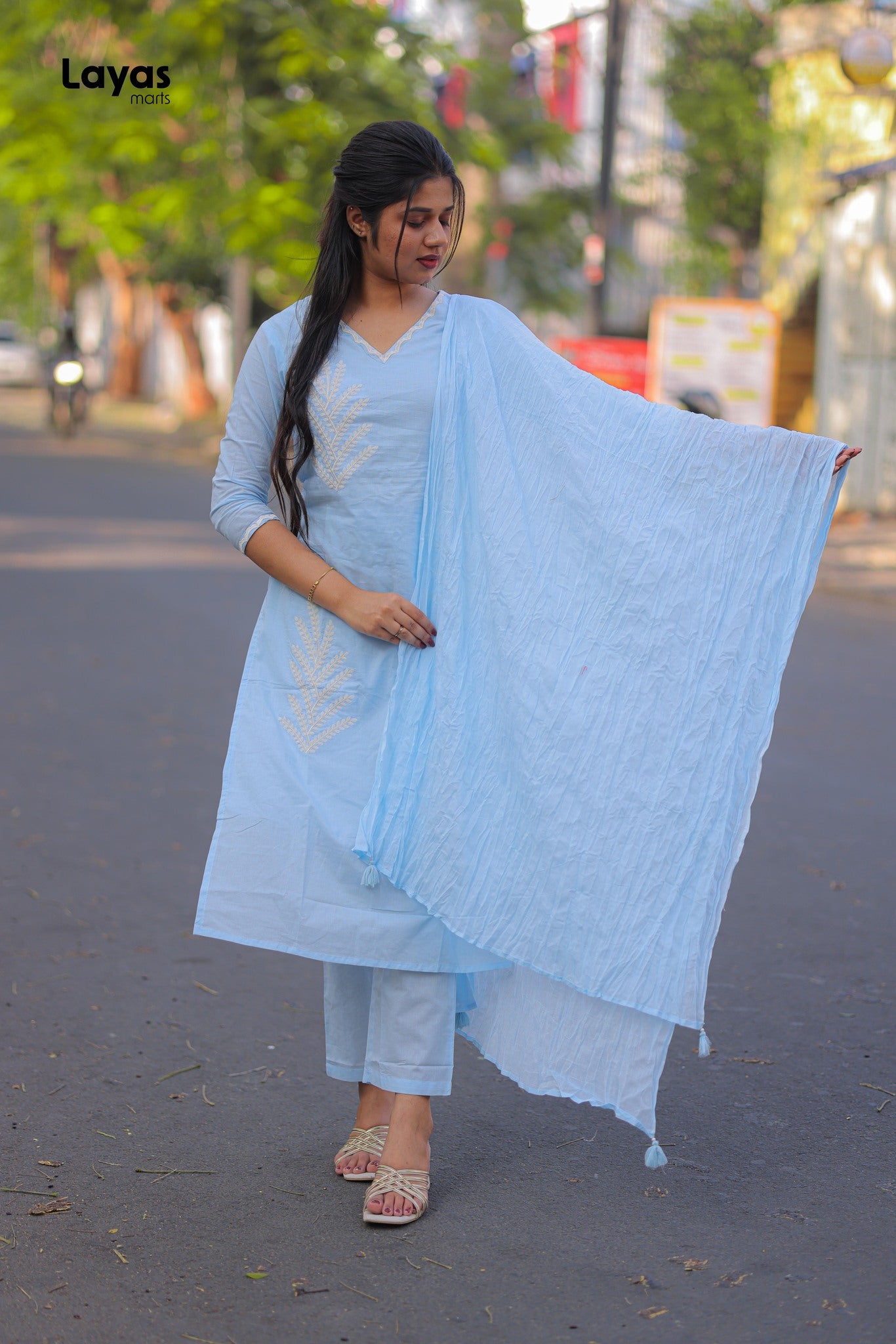 Sky Blue Cotton Solid Kurta Pant Set with Dupatta