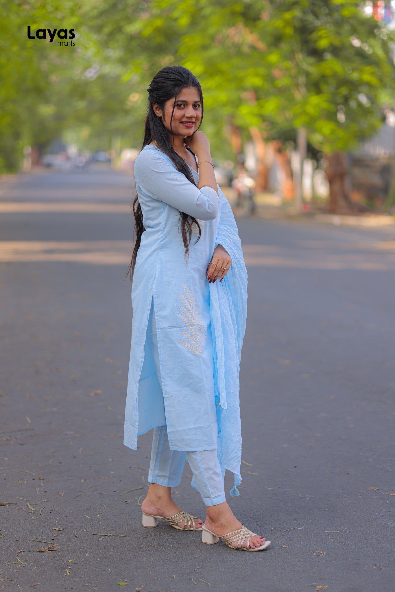 Sky Blue Cotton Solid Kurta Pant Set with Dupatta