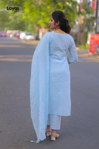 Sky Blue Cotton Solid Kurta Pant Set with Dupatta