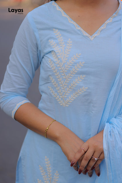 Sky Blue Cotton Solid Kurta Pant Set with Dupatta