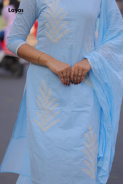 Sky Blue Cotton Solid Kurta Pant Set with Dupatta