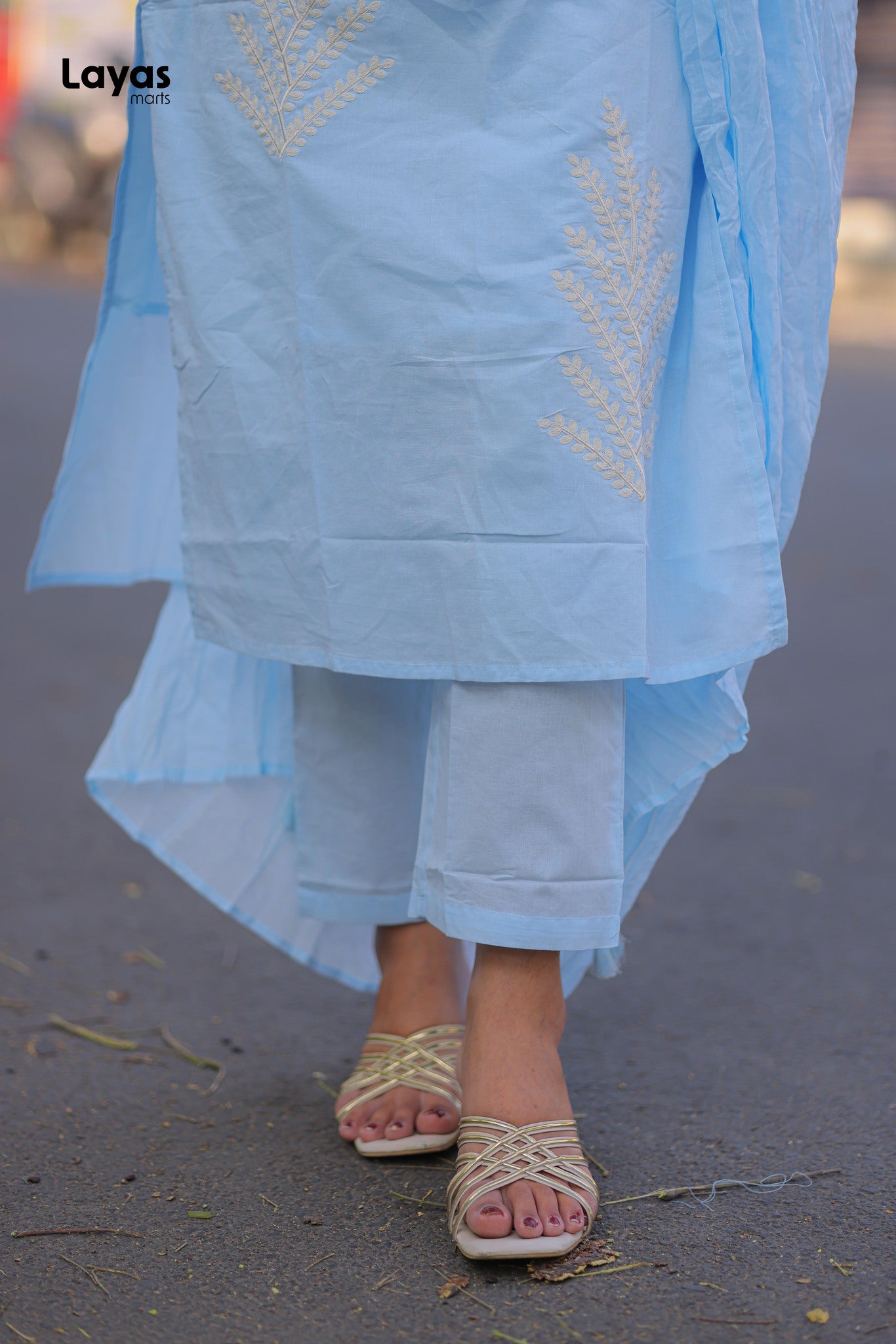 Sky Blue Cotton Solid Kurta Pant Set with Dupatta