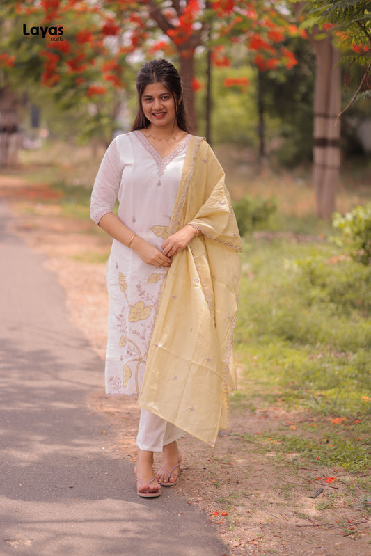 White Mul Chanderi Kurta Set with Embroidery Thread Work and Olive Yellow Dupatta