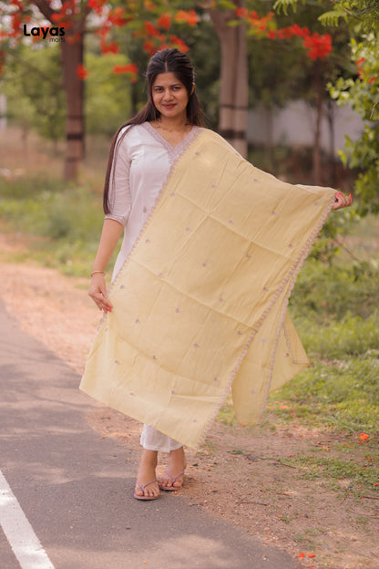 White Mul Chanderi Kurta Set with Embroidery Thread Work and Olive Yellow Dupatta