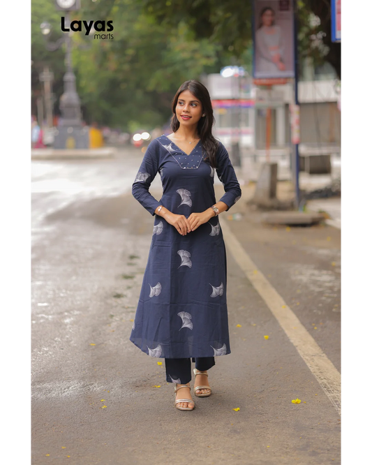 Elegant Navy blue Cotton Floral Print Kurta Pant Set
