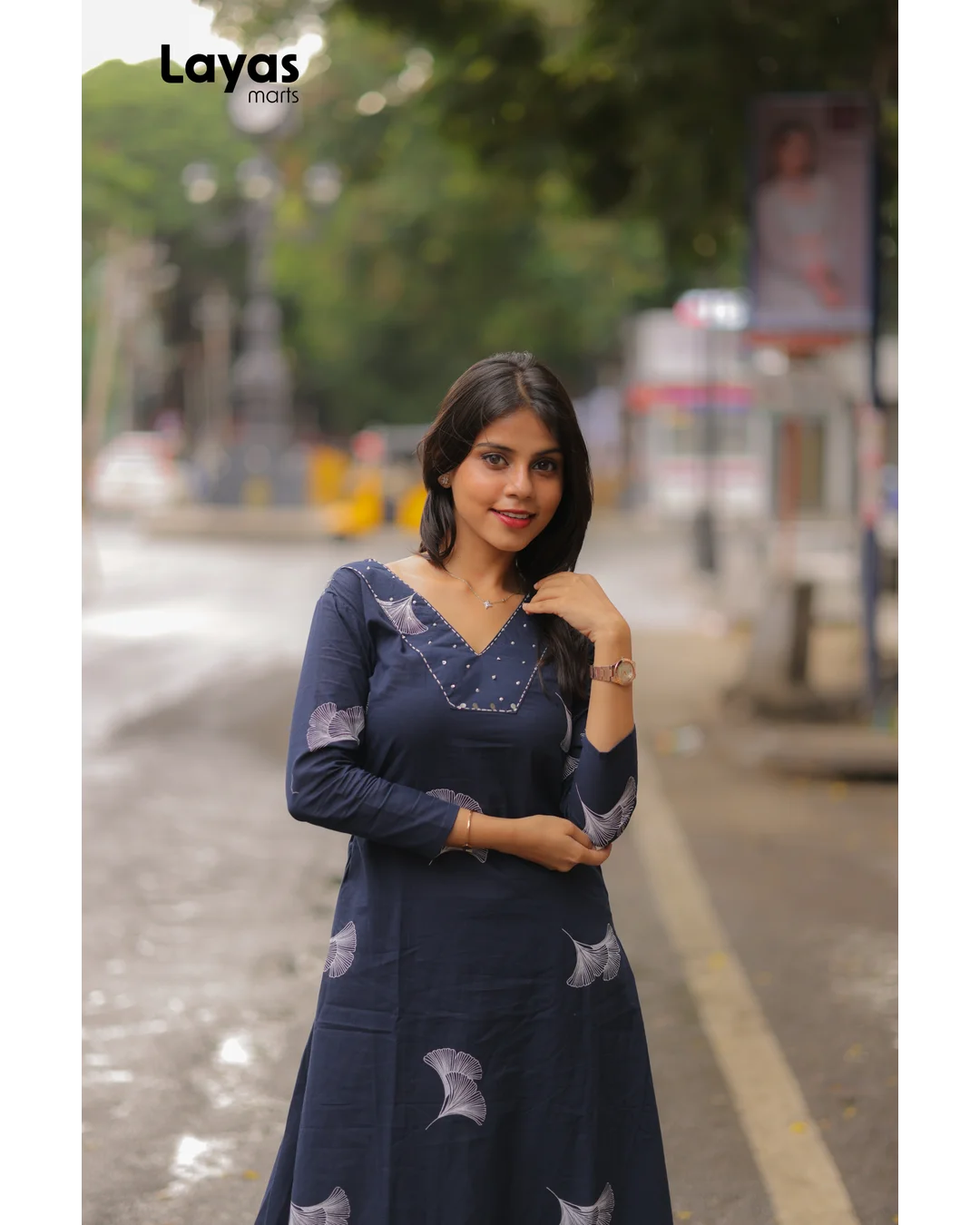 Elegant Navy blue Cotton Floral Print Kurta Pant Set
