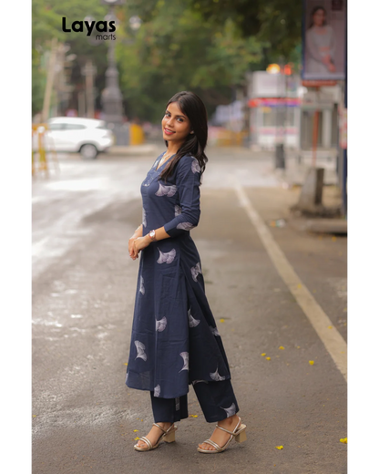 Elegant Navy blue Cotton Floral Print Kurta Pant Set