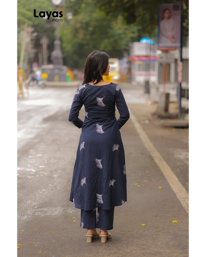 Elegant Navy blue Cotton Floral Print Kurta Pant Set