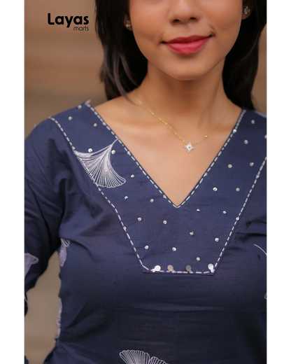 Elegant Navy blue Cotton Floral Print Kurta Pant Set