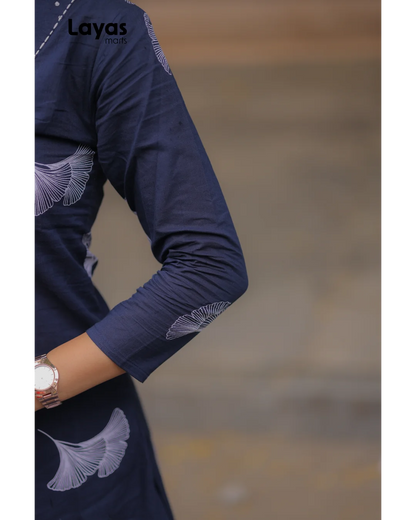 Elegant Navy blue Cotton Floral Print Kurta Pant Set