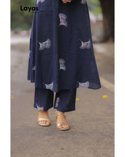 Elegant Navy blue Cotton Floral Print Kurta Pant Set