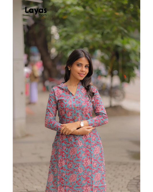 Greyish Blue Floral Printed Cotton Kurta Pant Set