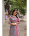Greyish Blue Floral Printed Cotton Kurta Pant Set