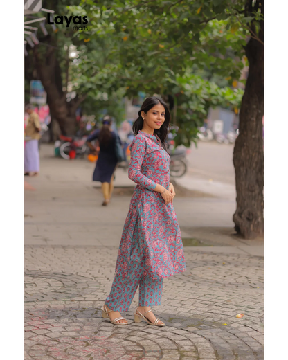Greyish Blue Floral Printed Cotton Kurta Pant Set