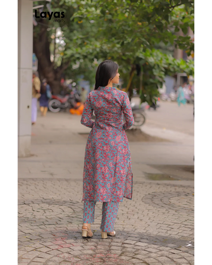Greyish Blue Floral Printed Cotton Kurta Pant Set