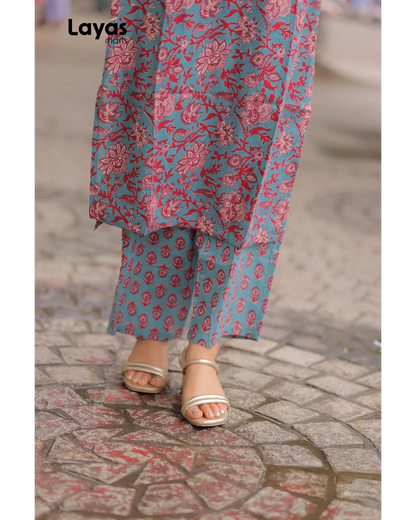 Greyish Blue Floral Printed Cotton Kurta Pant Set