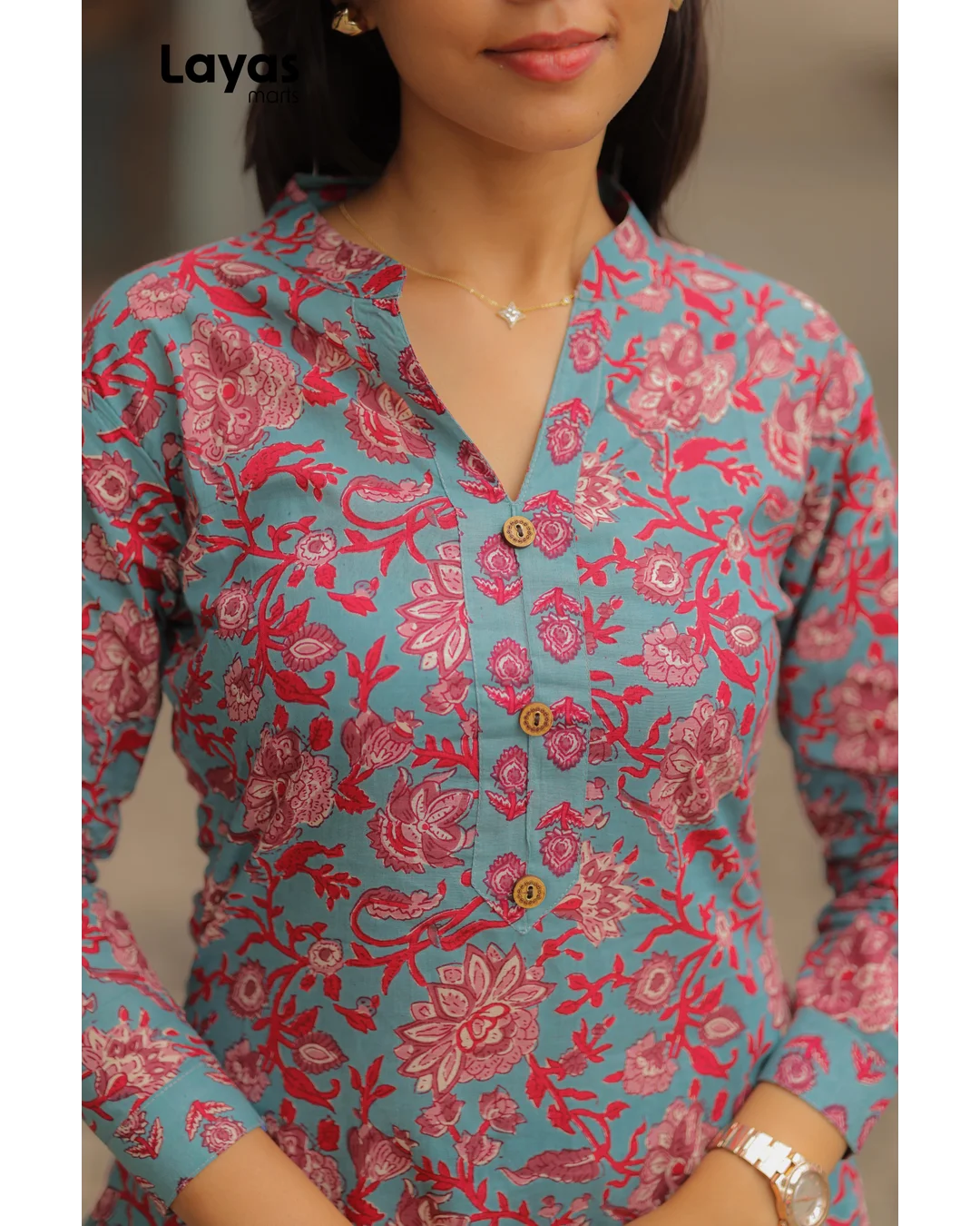 Greyish Blue Floral Printed Cotton Kurta Pant Set