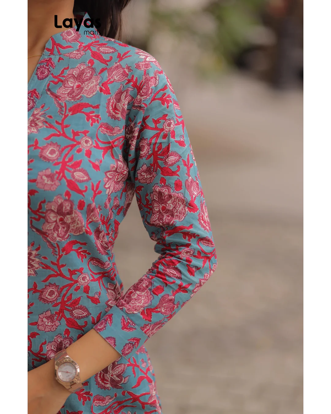 Greyish Blue Floral Printed Cotton Kurta Pant Set