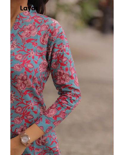 Greyish Blue Floral Printed Cotton Kurta Pant Set