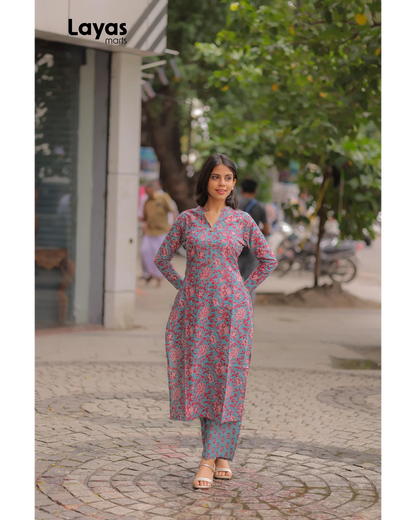 Greyish Blue Floral Printed Cotton Kurta Pant Set