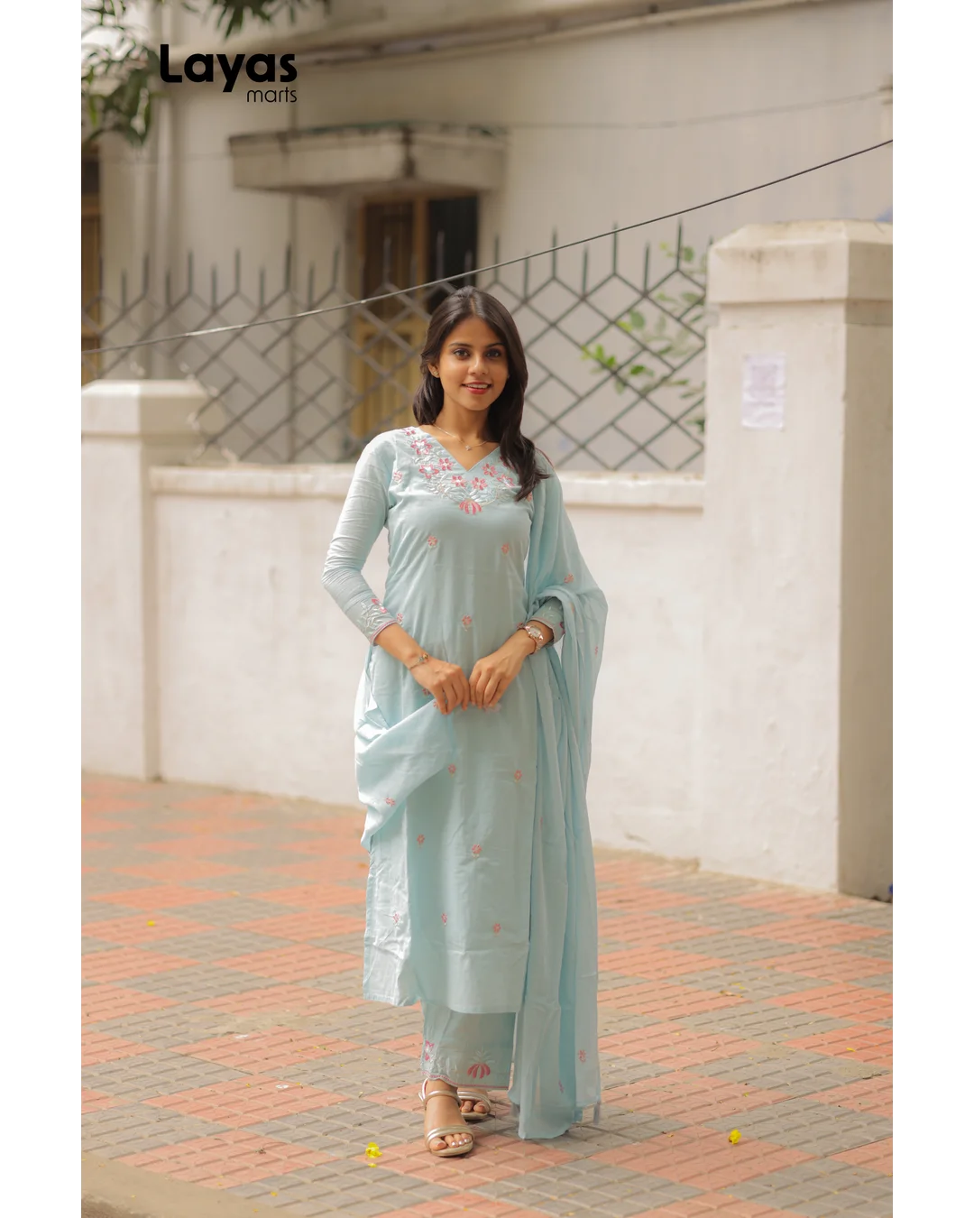 Powder Blue Cotton Embroidered Kurta Set with Dupatta