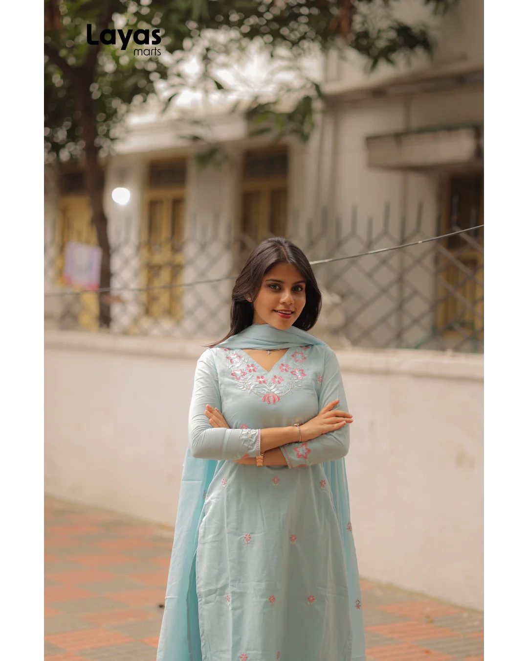 Powder Blue Cotton Embroidered Kurta Set with Dupatta