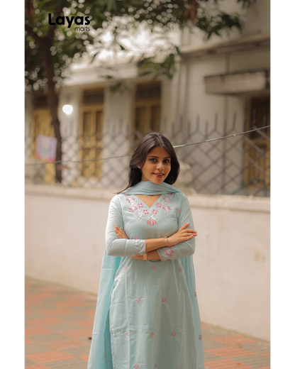 Powder Blue Cotton Embroidered Kurta Set with Dupatta
