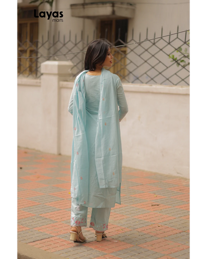 Powder Blue Cotton Embroidered Kurta Set with Dupatta