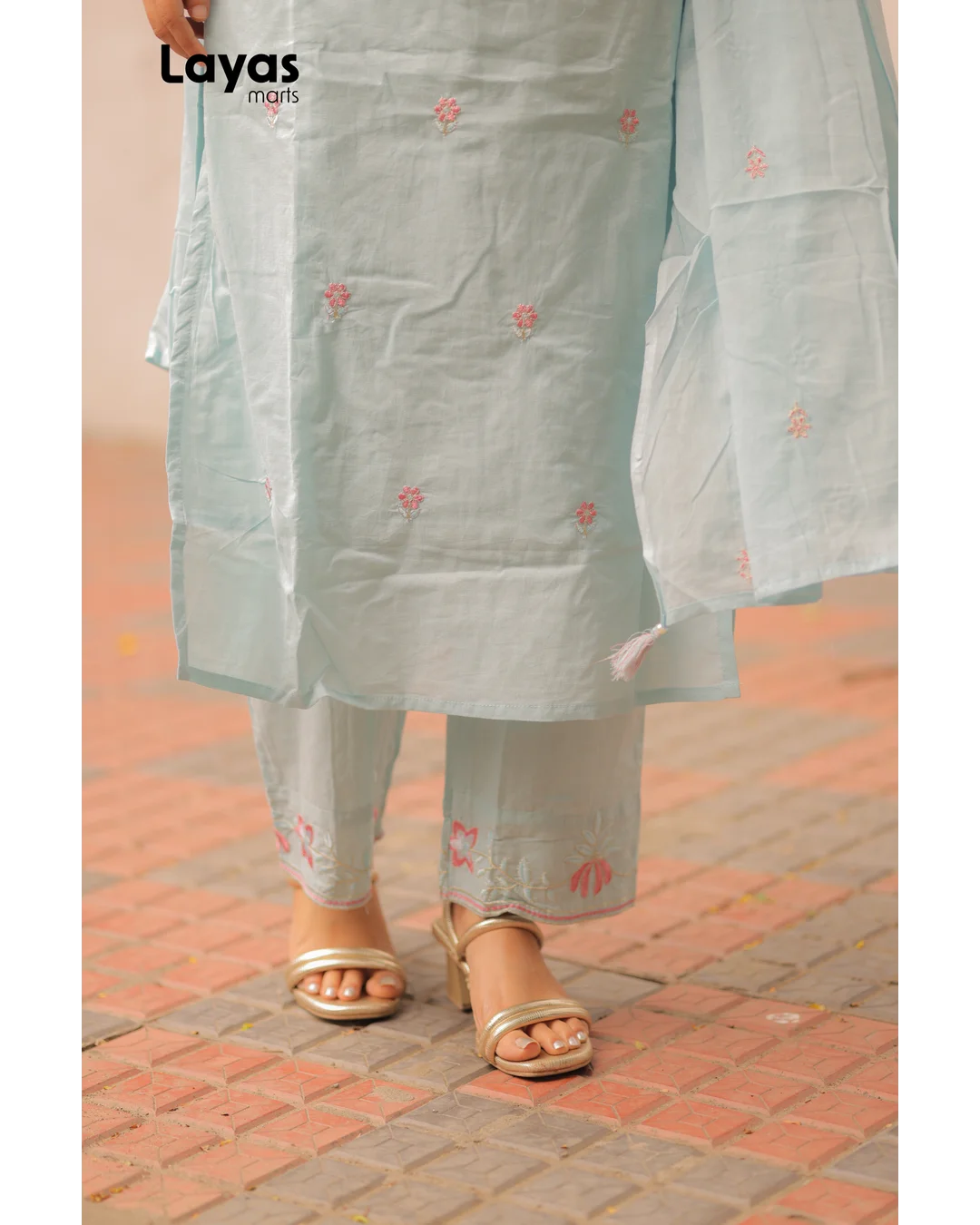 Powder Blue Cotton Embroidered Kurta Set with Dupatta