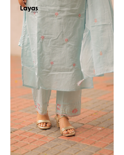 Powder Blue Cotton Embroidered Kurta Set with Dupatta