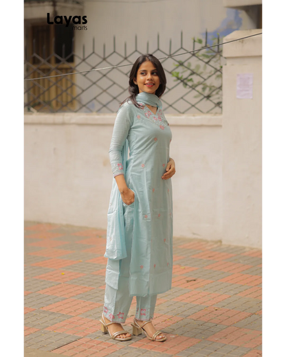 Powder Blue Cotton Embroidered Kurta Set with Dupatta