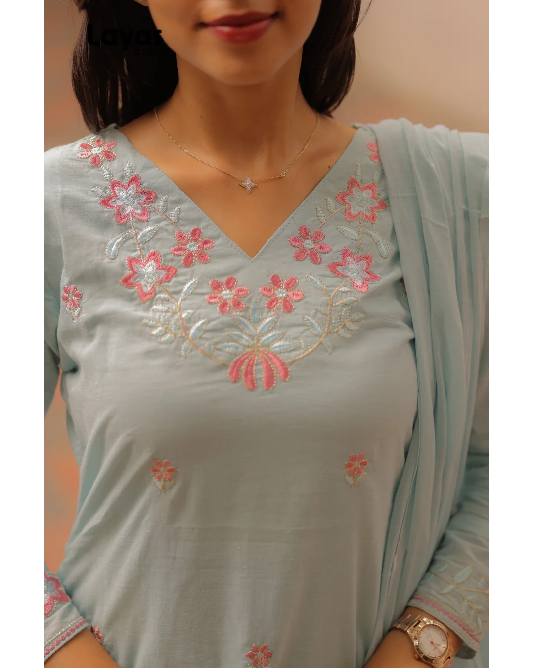 Powder Blue Cotton Embroidered Kurta Set with Dupatta