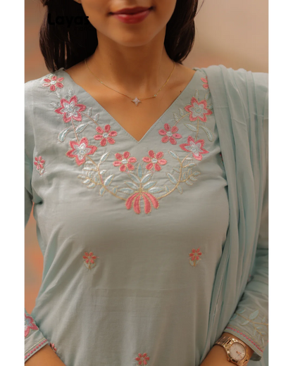 Powder Blue Cotton Embroidered Kurta Set with Dupatta