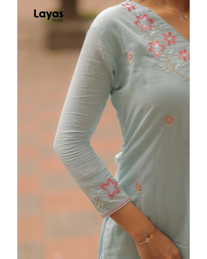 Powder Blue Cotton Embroidered Kurta Set with Dupatta